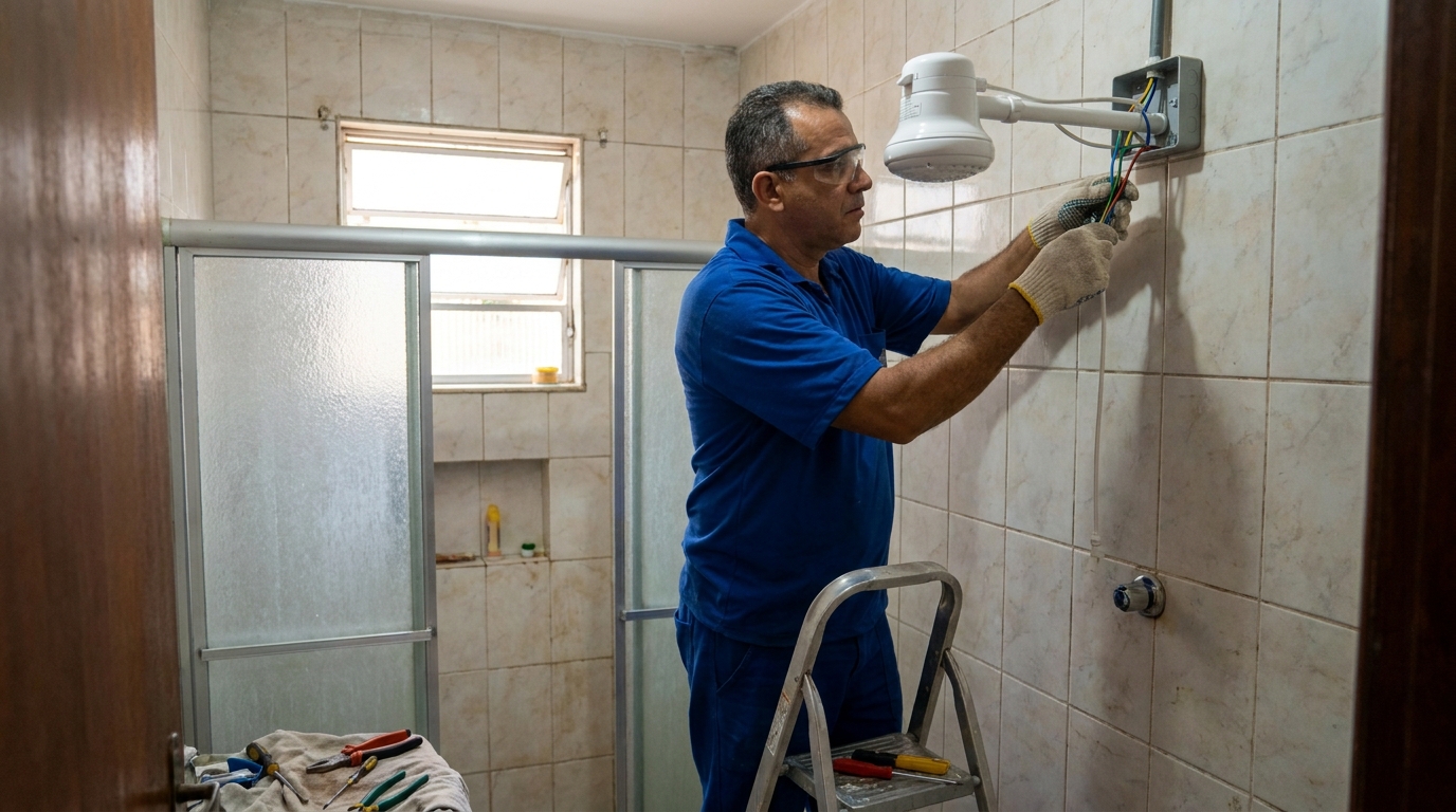 Eletricista instalando chuveiro eletrico em Duque de Caxias‑RJ